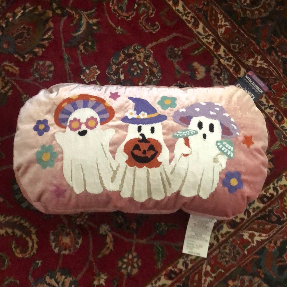 24" Pink Velvet Embroidered Ghosts Halloween Pillow